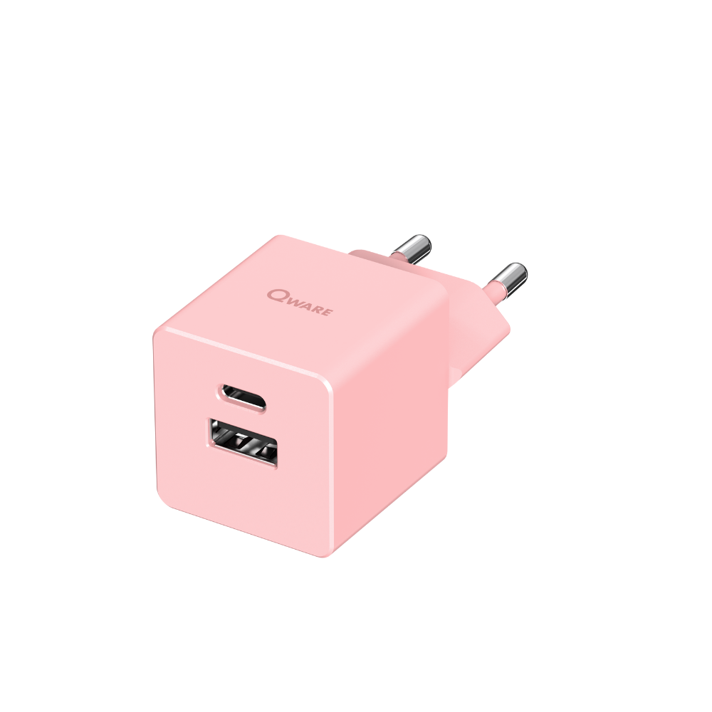 Qware Mini Dual Charger (USB-C/A) met PowerDelivery - Roze
